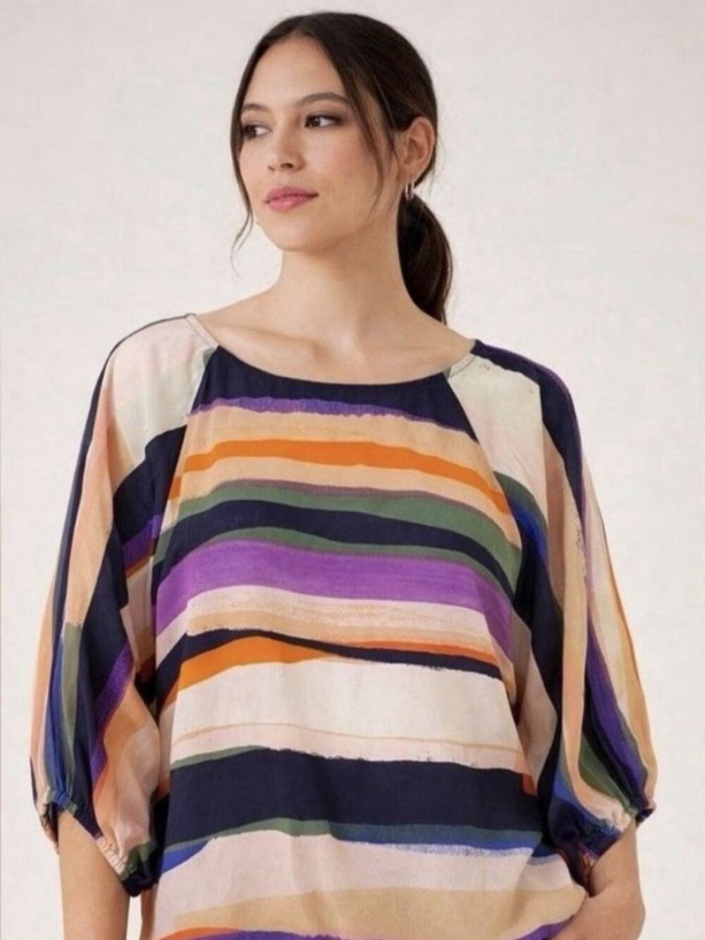 Maeve 100% Silk Kimono Blouse Size Large Stripe Top Colorful Boat Neck